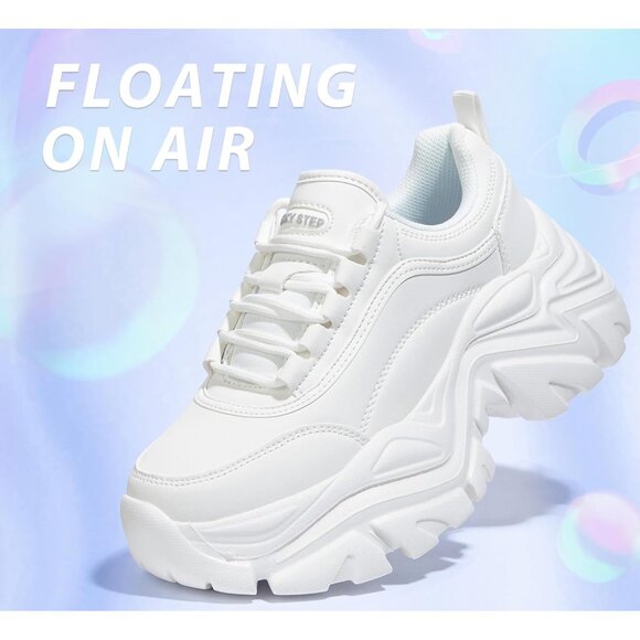 Brand New Women White Rubber LUCKY STEP Chunky Platform Lace-Up Walking Sneaker - Picture 3 of 9